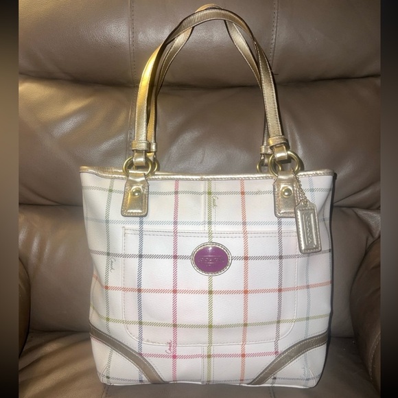 Coach Peyton Tattersall Plaid and Gold Small Tote Bag - Picture 1 of 9
